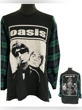 Oasis Upcycled Band Graphic  T Shirt Flannel Top Festival Grunge
